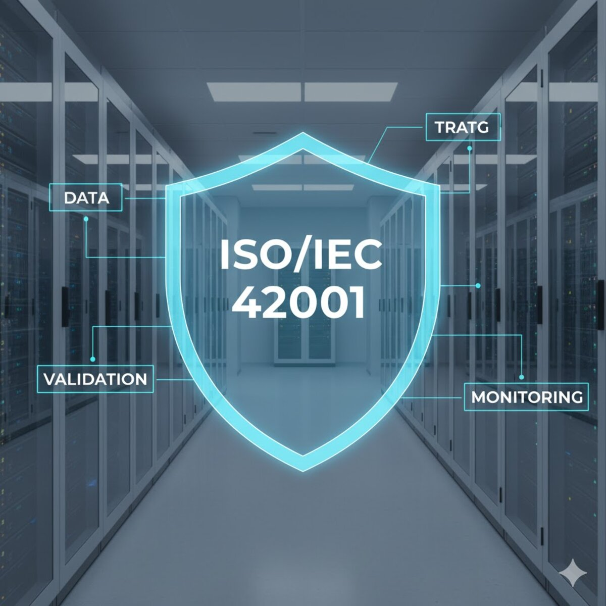 ISO/IEC 42001 shield representing AI governance framework across data validation, monitoring, strategy, and compliance.