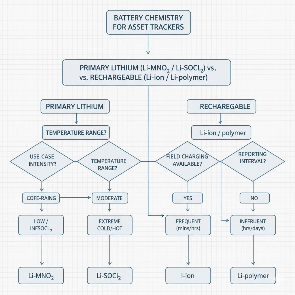 Decision tree comparing primary vs. rechargeable lithium battery chemistries for asset trackers, showing temperature range, use-case intensity, field charging availability, and reporting interval.