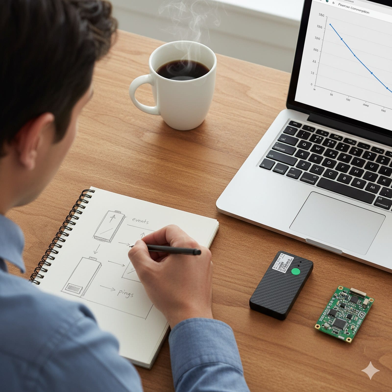 Engineer writing notes about power consumption and event-driven logic for an ultra-long-life asset tracker, with tracker device, PCB and power graph on desk