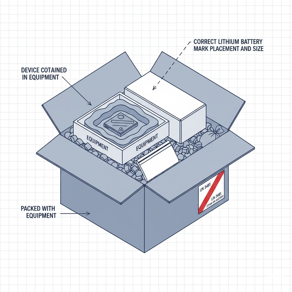 Illustration showing correct lithium battery packaging and labeling: device contained in equipment and packed with equipment, with proper UN 3481 label placement and size.