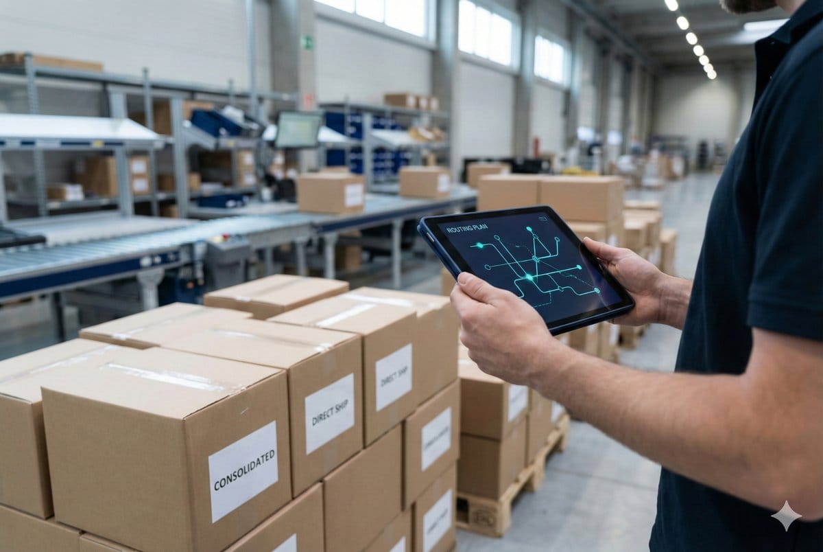 Warehouse worker holding a tablet showing a digital routing plan while standing next to pallets of packages labeled 'consolidated' and 'direct ship'; the image conveys routing and consolidation decisions in a fulfillment network.