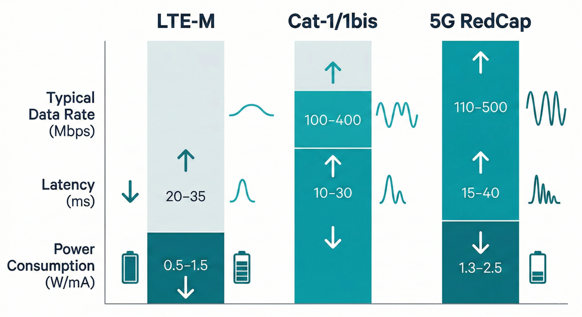 A clean infographic comparing LTE‑M, Cat‑1/1bis and 5G RedCap, showing differences in typical data rate, latency and power consumption with simple icons.