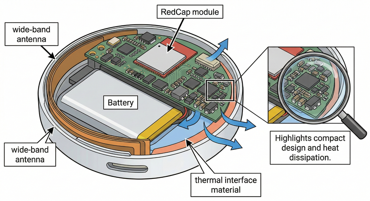 Cross‑section diagram of a compact wearable or industrial gateway showing a RedCap module, wide‑band antenna, battery and thermal interface material, with an inset highlighting the circuit details.