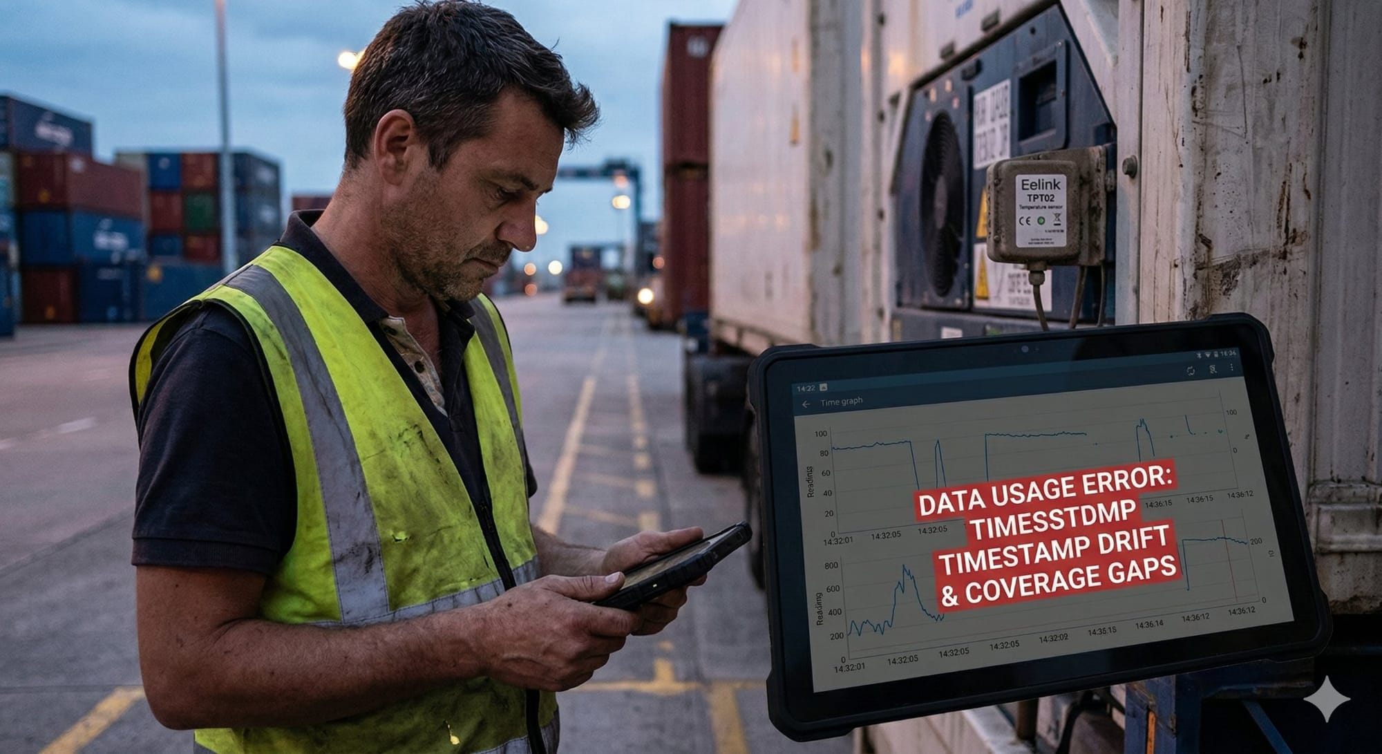Male worker checks device near refrigerated container displaying data usage error: timestamp drift and coverage gaps with EELINK TPT02 sensor