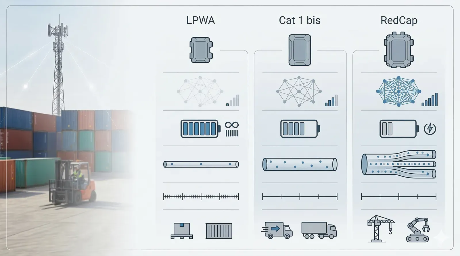 Comparison diagram showing LPWA, Cat 1 bis, and RedCap across battery life, throughput, and tracker use cases.
